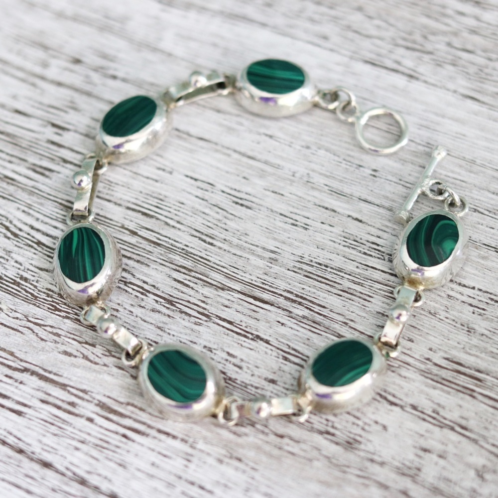 Sterling Silver Green Malachite Oval Link Bracelet